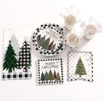 Christmas Plates Disposable Party Set with Plates and Napkins, Cups, Tablecloth Kit Serves 24 Guests, Christmas Tree Pattern Disposable Dinnerware Set for Xmas Holiday Party Disposable Supplie