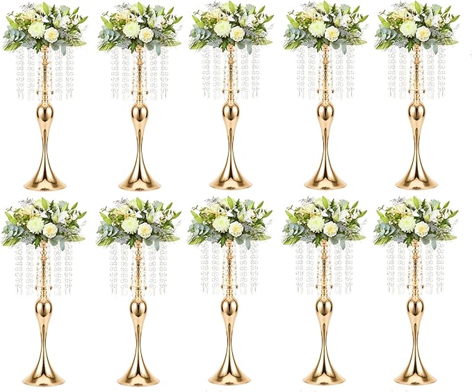 LANLONG 10pcs Crystal Centerpieces for Tables Gold Flower Stand Tall Floral Centerpiece Riser for Wedding Reception Tables Decorations