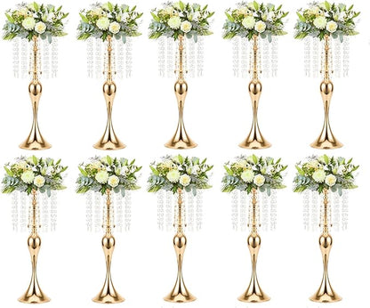 LANLONG 10pcs Crystal Centerpieces for Tables Gold Flower Stand Tall Floral Centerpiece Riser for Wedding Reception Tables Decorations