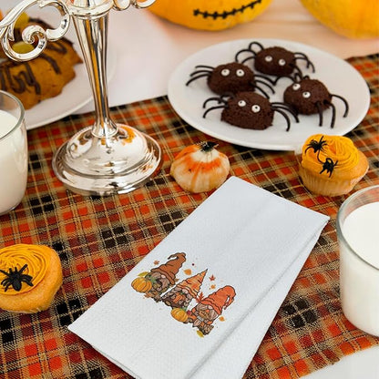 Fall Gnome Kitchen Towels, Autumn Pumpkin Gnome Dish Tea Towels for Kitchen Decor, Rustic Farmhouse Fall Thanksgiving Decorative Hand Towel for Bathroom, 16x24 Inches