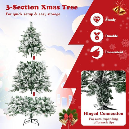 GOFLAME 6 FT Pre-Lit Christmas Tree with Pine Needles, Snow Flocked Christmas Tree with 250 Warm White LED Lights & 752 Mixed Branch Tips, Hinged Xmas Decoration Tree for Home, Office, Carnival