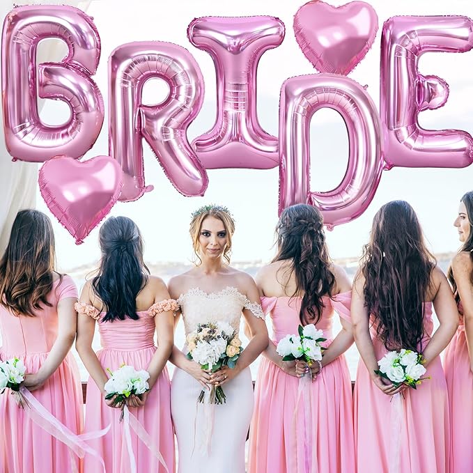 40inch Pink BRIDE Letter Balloons, Giant Pink Bride Foil Helium Balloon Banner with Heart Balloon for Bride to Be Wedding Engagement Bridal Shower Bachelorette Party Decoration