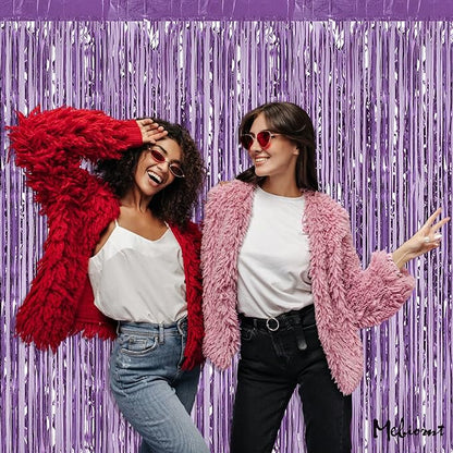 4 Pack Light Purple Fringe Curtain Backdrop, 3.2Ft x 8.2Ft Metallic Tinsel Foil Fringe Streamers Background for Photo Booth Birthday Wedding Baby Shower Carnival Easter Mother’s Day Party Decorations
