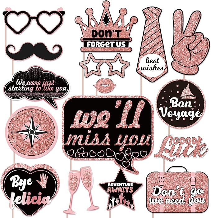 Farewell Decorations Party Photo Booth Props, We Will Miss You Decorations Party Favor, Going Away Party Decorations Rose Gold Photo Booth Props Kit for Retirement Job Change Bye Office Work Party