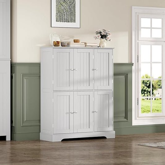 ChooChoo Bathroom Floor Cabinet, Modern Bathroom Storage Cabinet with 6 Doors and Adjustable Shelves, Freestanding Cupboard for Living Room, White