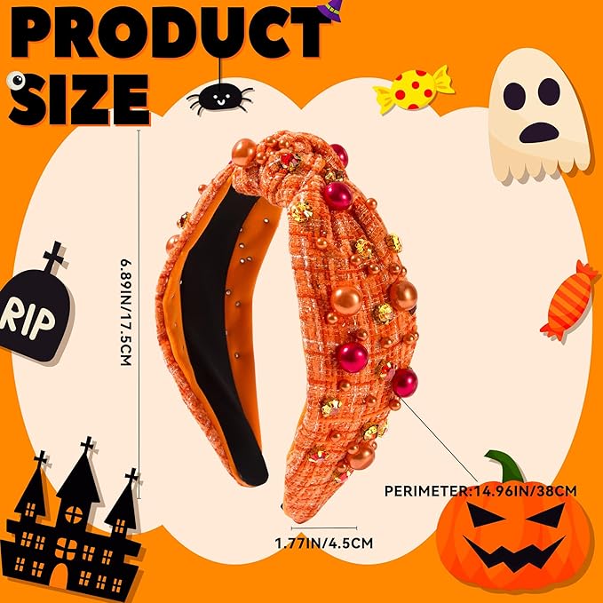Halloween Pearl Knotted Headband for Women Girls Non Slip Rhinestone Embellished Hair Hoop Halloween Headbands Hair Accessories Gift (Grid Orange)