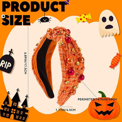 Halloween Pearl Knotted Headband for Women Girls Non Slip Rhinestone Embellished Hair Hoop Halloween Headbands Hair Accessories Gift (Grid Orange)