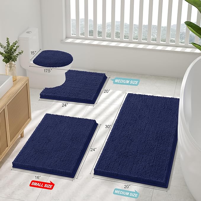 Smiry Luxury Chenille Toilet Rugs U-Shaped 20x20, Soft Absorbent Non-Slip Contour Bathroom Rugs for Toilet, Machine Washable Contoured Bath Mats, Navy Blue