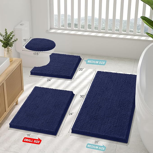 Smiry Luxury Chenille Bathroom Rugs 24x16, Extra Soft and Absorbent Shaggy Bath Mat, Machine Washable, Non-Slip Plush Carpet Runner for Tub, Shower, and Floor, Home Decor Accessories, Navy Blue