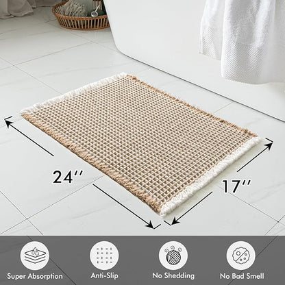 MIULEE Set of 2 Waffle Bathroom Rugs, Boho Bath Rugs Non Slip Washable, Super Absorbent Bath Mats, Ultra Soft Rubber Backed Shower Mats for Bathroom Floor, Tub, Brown & White, 17x24 Inch