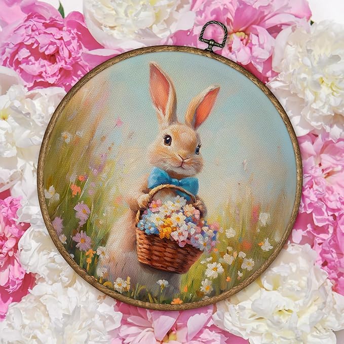 TLESKE Easter Bunny Flower Floral Round Wall Art Decor 10x10, Spring Rabbit Framed Canvas Wall Art Prints Artwork, Easter Bunny Wall Hanging Room Door Decor Decorations for Bedroom Living Room