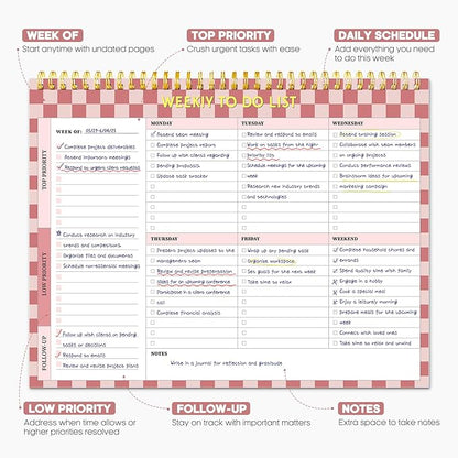 Taja Weekly To Do List Notepad with 52 Undated Sheets（8.5"×11"）- Weekly Desk Planner for Women & Man, Work and Home - 1 Pack Rose Checkered