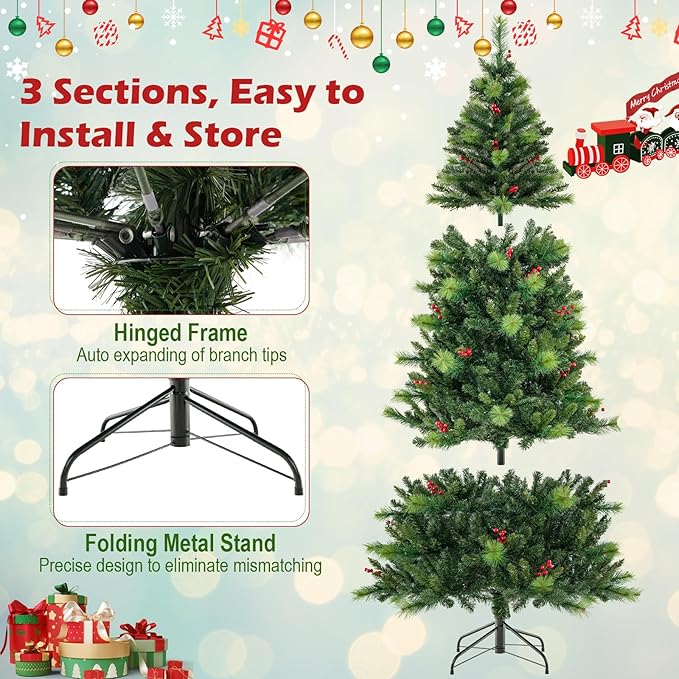 GOFLAME 7FT Pre-Lit Christmas Tree, Hinged Artificial Xmas Tree with Pine Needles, 974 Branch Tips, 36 Clusters of Red Berries, 400 LED Lights, 9 Lighting Modes, 4 Brightness, Remote Control & Timer
