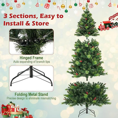 GOFLAME 7FT Pre-Lit Christmas Tree, Hinged Artificial Xmas Tree with Pine Needles, 974 Branch Tips, 36 Clusters of Red Berries, 400 LED Lights, 9 Lighting Modes, 4 Brightness, Remote Control & Timer