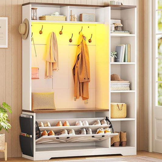 Itaar Hall Tree with Bench and Shoe Storage, Farmhouse Entryway Bench with Coat Rack, Shoe Cabinet with Flip Drawers, 7 Shelves, 10 Coat Hooks, Storage Bag, Led Lights, White
