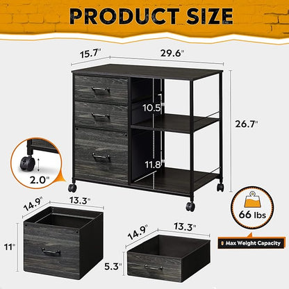 DEVAISE 3 Drawer File Cabinet, Mobile Filing Cabinet Rolling Printer Stand with Open Storage Shelf, Fabric Lateral Filing Cabinet fits A4 or Letter Size for Home Office, Charcoal Black Wood Grain