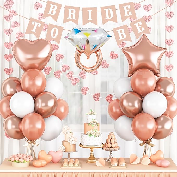 Bridal Shower Decorations Rose Gold Bridal To Be Balloon Set with Star Heart Diamond Ring Foil Balloons Bunting Banner Heart Paper Garland Rose Gold White Bachelorette Marriage Engagement Party Women