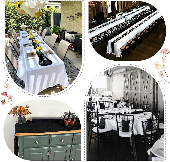 10 Pack Black Table Runner Cheesecloth Sheer Gauze Cheese Cloth Runner 10FT Long Goth Black Table Runner for Wedding Party Baby Shower Birthday Home Decor Holiday Decorations