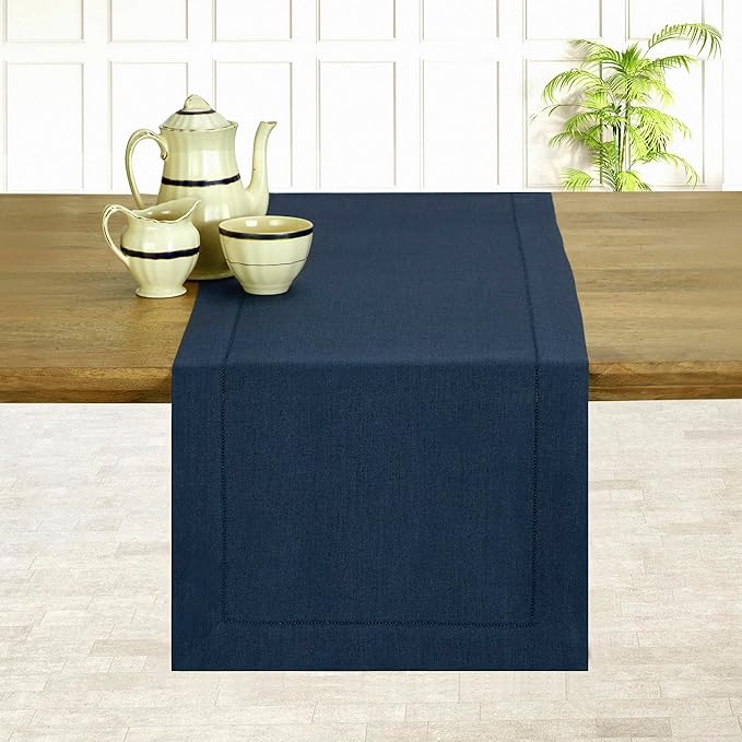 D'Moksha Homes Linen Navy Blue Table Runner 48 Inches - Classic Hemstitch, 100% Pure Linen Coffee Table Runner 14 x 48 Inch Ideal for Dresser Tables - Winter, Christmas, Holiday