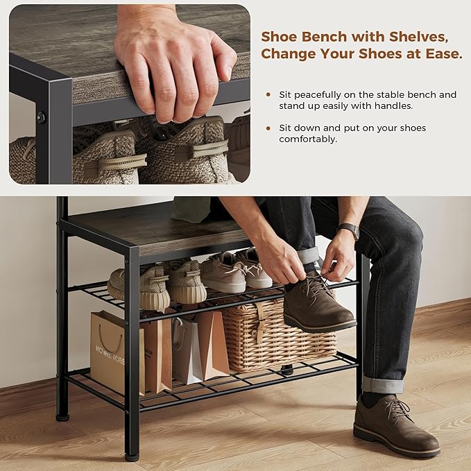 DUMOS Hall Tree with Shoe Bench and Coat Rack, Entryway Bench with Shoe Storage and Hooks, 4-in-1 Coat and Shoe Rack for Entryway, Mudroom Storage Organizer with Shelves, Grey