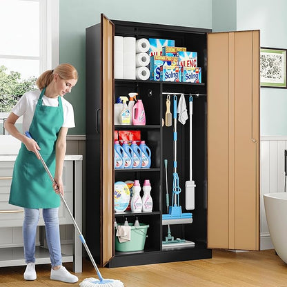 SISESOL Wide & Deep Metal Storage Cabinet with Hanging Rod,Broom Closet Storage Cabinet with Lock,72" Tall Wardrobe Cabinets with Doors and Shelves,Locking Steel Tool Cabinets for Home,Office,Garage