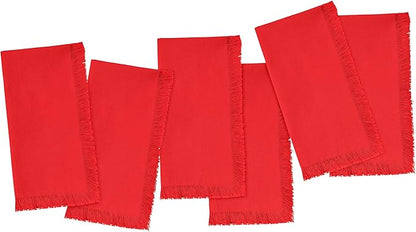 Blue Needles Handmade Cotton Linen Cloth Napkins with Fringes - Set of 6 Red Dinner Table Napkins 18x18 Inch Hemmed Edges Washable, Soft, Reusable, Perfect for Fall Thanksgiving & Family Dinner