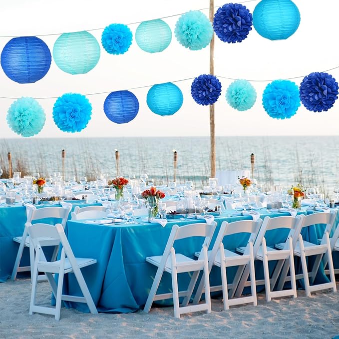 Blue Hanging Party pom pom Set, Paper Flowers Pom Poms Balls and Paper Lanterns for Under The Sea Party Decorations Wedding Birthday Bridal Baby Shower Graduation, 15pcs
