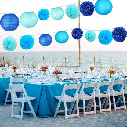 Blue Hanging Party pom pom Set, Paper Flowers Pom Poms Balls and Paper Lanterns for Under The Sea Party Decorations Wedding Birthday Bridal Baby Shower Graduation, 15pcs