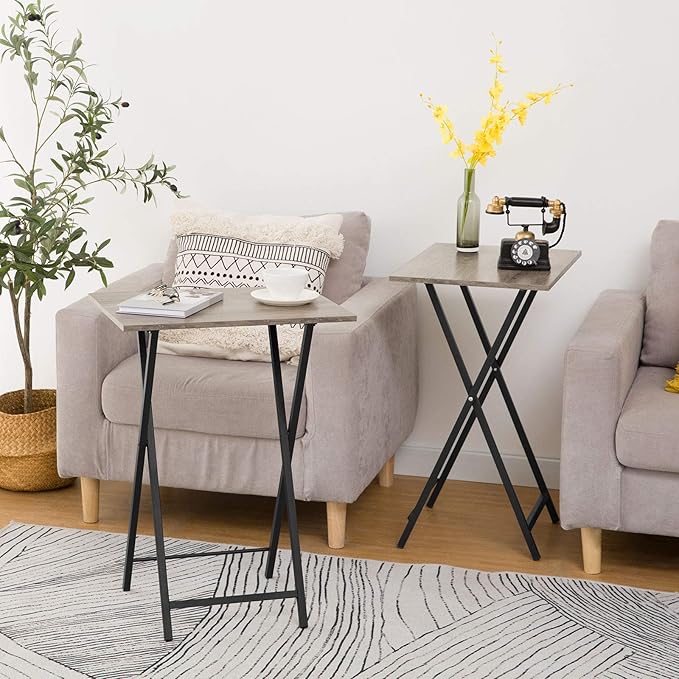 HOOBRO Folding TV Tray Tables, Set of 2 Side Table for Small Space, Industrial Snack Tables for Eating at Couch, Stable Metal Frame, Easy Assembly, Space Saving, Greige and Black BG25BZ01