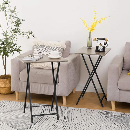 HOOBRO Folding TV Tray Tables, Set of 2 Side Table for Small Space, Industrial Snack Tables for Eating at Couch, Stable Metal Frame, Easy Assembly, Space Saving, Greige and Black BG25BZ01