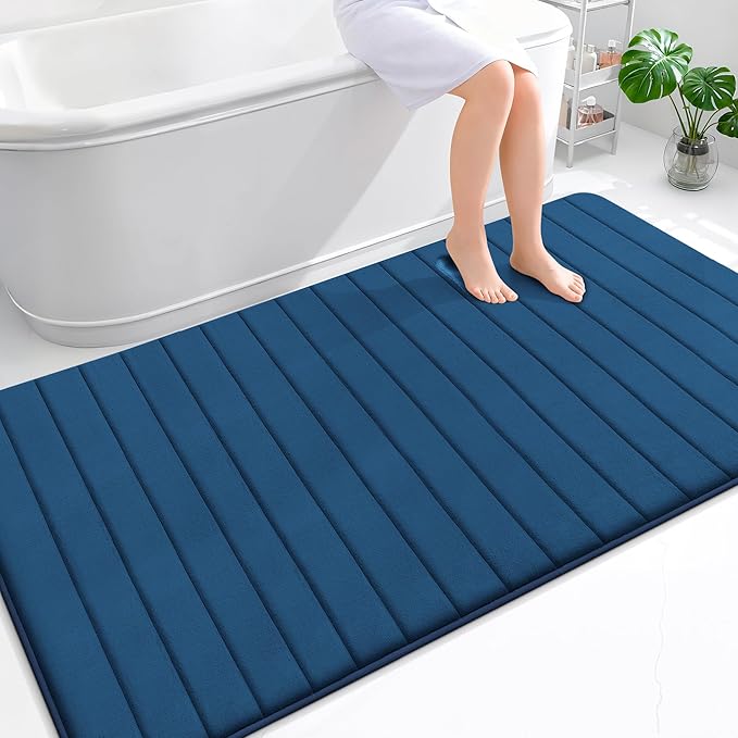 OLANLY Memory Foam Bath Mat 70x46, Super Soft Absorbent Bathroom Rugs, Quick Dry, Machine Washable Shower Floor Rugs, Bathmat Carpet, Bathroom Home Decor Accessories, Navy Blue