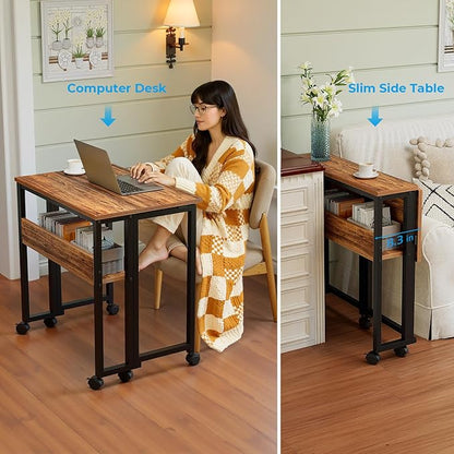 GreenForest Folding Desk Small Rolling Desk with Storage Shelf, 31.5 inch Foldable Computer Desk with Wheels for Small Space, Easy Assembly,Walnut