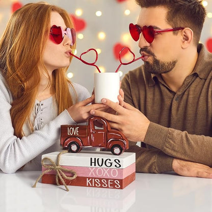Smile Valentine's Day Wooden Book Decor Red Truck, LOVE XOXO HUGS & KISSES Signs, Valentine Indoor Decoration