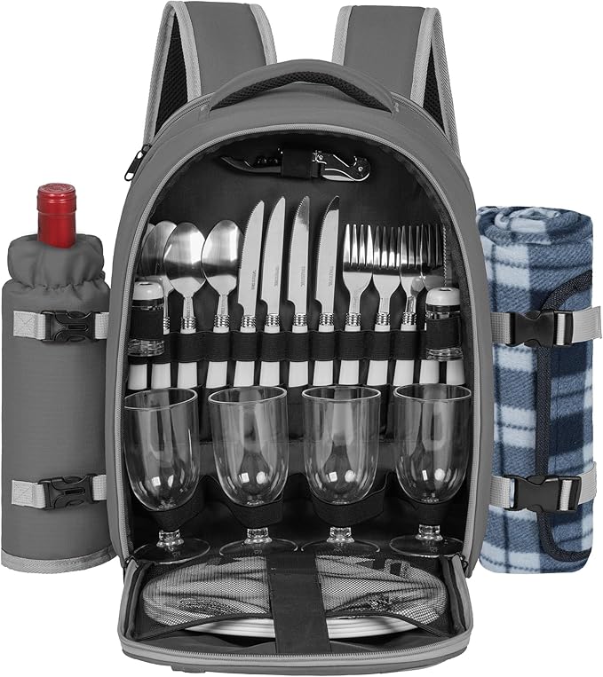 Picnic Backpack for 4 Persons with Insulated Leakproof Cooler Compartment, Cutlery Sets, Wine Holder, Fleece Blanket, Wedding Gifts for Couples, Perfect for Beach, Camping, Hiking, Grey