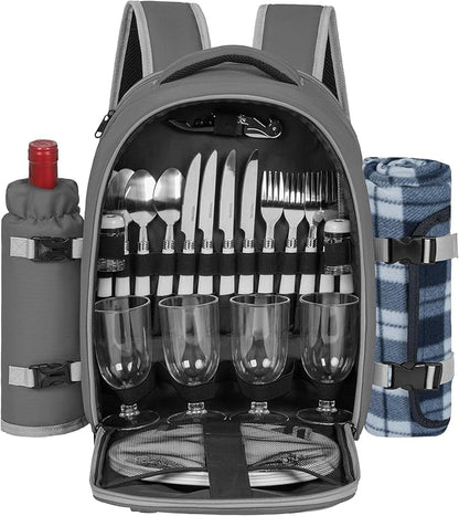 Picnic Backpack for 4 Persons with Insulated Leakproof Cooler Compartment, Cutlery Sets, Wine Holder, Fleece Blanket, Wedding Gifts for Couples, Perfect for Beach, Camping, Hiking, Grey