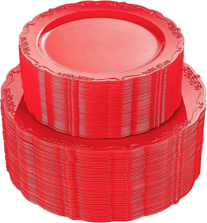 U-QE 100PCS Red Plastic Plates - Heavy Duty Plastic Disposable Party Supplies Include 50PCS 10" Dinner Plates and 50PCS 7.5" Dessert/Salad Plates for Party, Wedding