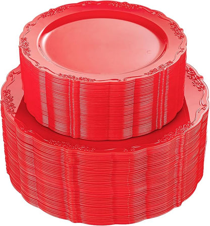 U-QE 100PCS Red Plastic Plates - Heavy Duty Plastic Disposable Party Supplies Include 50PCS 10" Dinner Plates and 50PCS 7.5" Dessert/Salad Plates for Party, Wedding