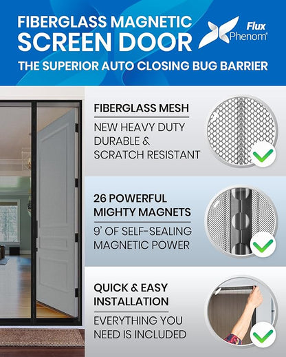 Flux Phenom Magnetic Screen Door - Bugs Out, Breeze in - 9min Install Auto-Sealing Heavy Duty Double Stitched Mesh, 52 Magnets, Hands Free Sliding & Patio Doors Net, Pet & Kid Friendly, 38 x 82 Inch