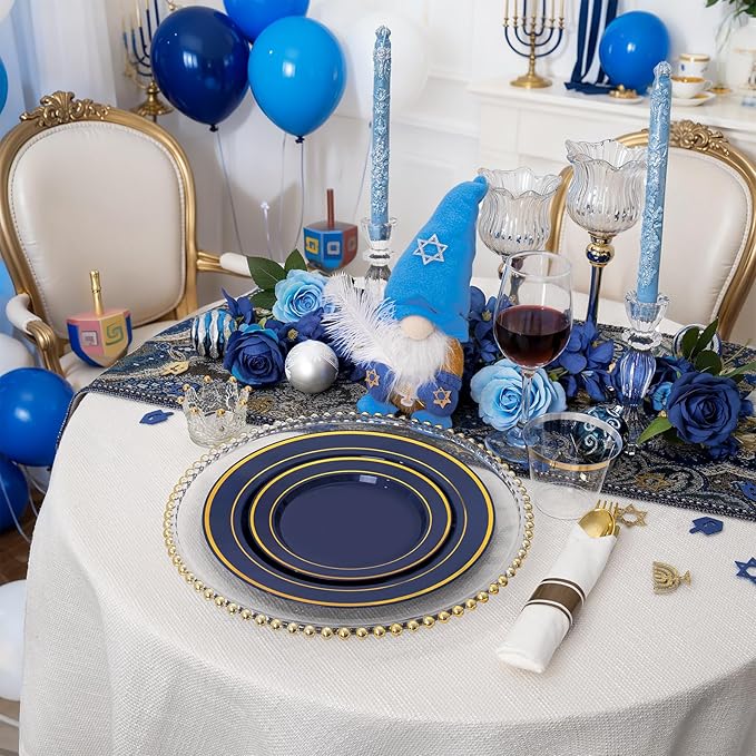 350PCS Navy Blue and Gold Plastic Plates with Rolled Napkins Include Dinner Plate 10’’, Dessert Plate 7’’, gold Cups 9 OZ, Pre Rolled Napkins 25 of each type for Hanukkah Wedding