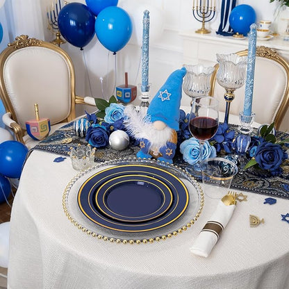 350PCS Navy Blue and Gold Plastic Plates with Rolled Napkins Include Dinner Plate 10’’, Dessert Plate 7’’, gold Cups 9 OZ, Pre Rolled Napkins 25 of each type for Hanukkah Wedding