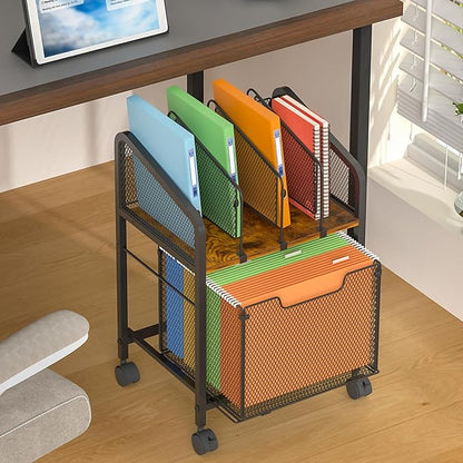 Rolling File Cabinet with Adjustable Dividers, Vertical Filing Cabinet with Storage Drawer on Lockable Wheels, Hanging File Organizer Beside Under Desk for Office, Home（Patent Pending）
