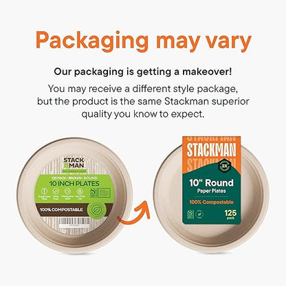100% Compostable Paper Plates 10 Inch Bulk [500 Count] Heavy-Duty Dinner Plates - Natural Brown Color Unbleached Bagasse - Eco-Friendly Disposable Biodegradable Sugarcane Plates - [Case 4/125 Pack]