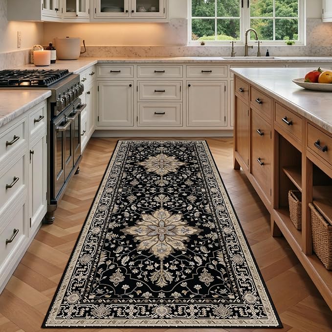 Area Rugs 3'x7' Runner Rug Non Slip Washable for Kitchen Hallway Bedroom Beside Laundry Room Bathroom Rug, Floor Carpet, Black Brown Neutral Dark Tan