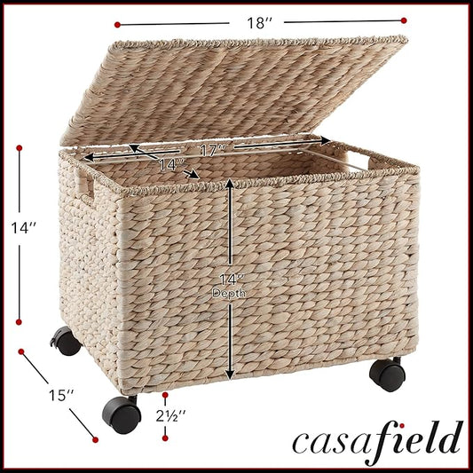 Casafield Rolling Filing Cabinet, Whitewash - Water Hyacinth File Organizer with Lid and Locking Wheels, Home Office Storage for Hanging Folders