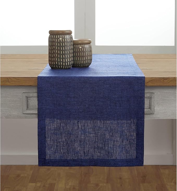 Solino Home Linen Chambray Navy Table Runner 120 Inches Long - Athena, 100% Pure Linen Dining Table Runner 14 x 120 Inch for Fall, Autumn, Christmas, Holiday, New Year