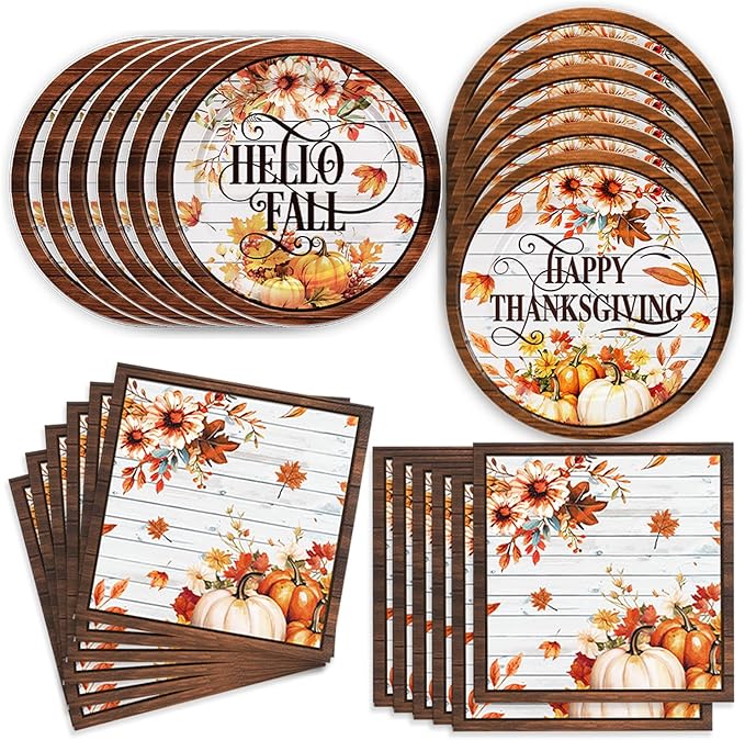 48Pcs Fall Birthday Decorations Thanksgiving Party Supplies Autumn Harvest Pumpkin Paper Plates and Napkins Set Decor Fall Birthday Party Decorations