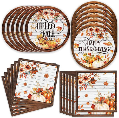 48Pcs Thanksgiving Day Birthday Party Decorations for 24 Guests - Fall Pumpkin Autumn Thanksgiving Day Supplies Plates and Napkins for Baby Shower Birthday Party Decorations
