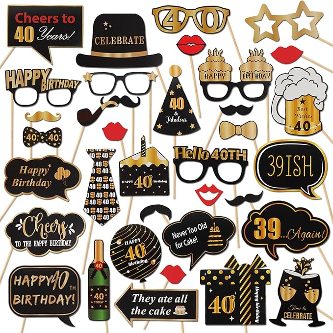 LINGTEER Happy 40th Birthday Party Photo Booth Props,Cheers to 40th Birthday Forty Years Old Bday Party Centerpieces Props Decorations Sign.
