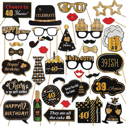 LINGTEER Happy 40th Birthday Party Photo Booth Props,Cheers to 40th Birthday Forty Years Old Bday Party Centerpieces Props Decorations Sign.