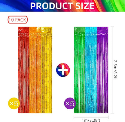 10 Pack Rainbow Backdrop Curtain 3.2ft x 8.2ft Metallic Tinsel Foil Fringe Curtains Photo Booth Background for Birthday Party Decoration Baby Shower Engagement Wedding Christmas Decoration (Rainbow)
